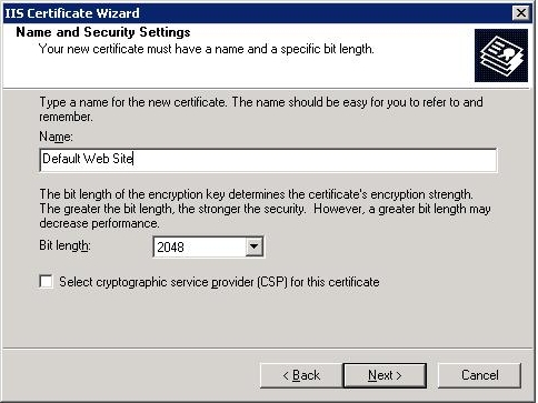 IIS SSL server certificate - security settings