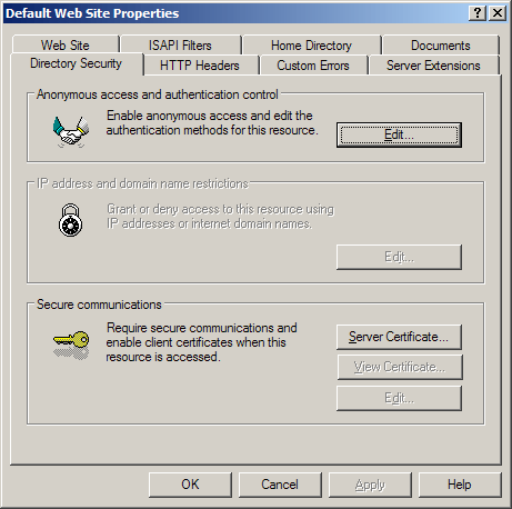 IIS
SSL server certificate - default properties