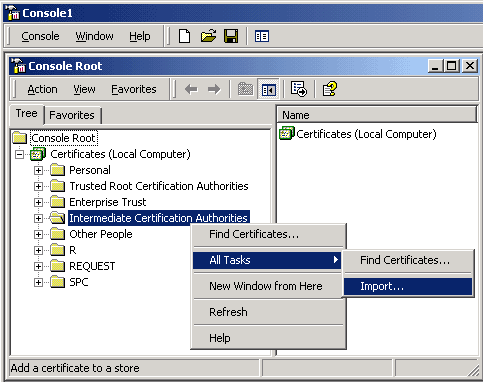 IIS SSL server
certificate - console